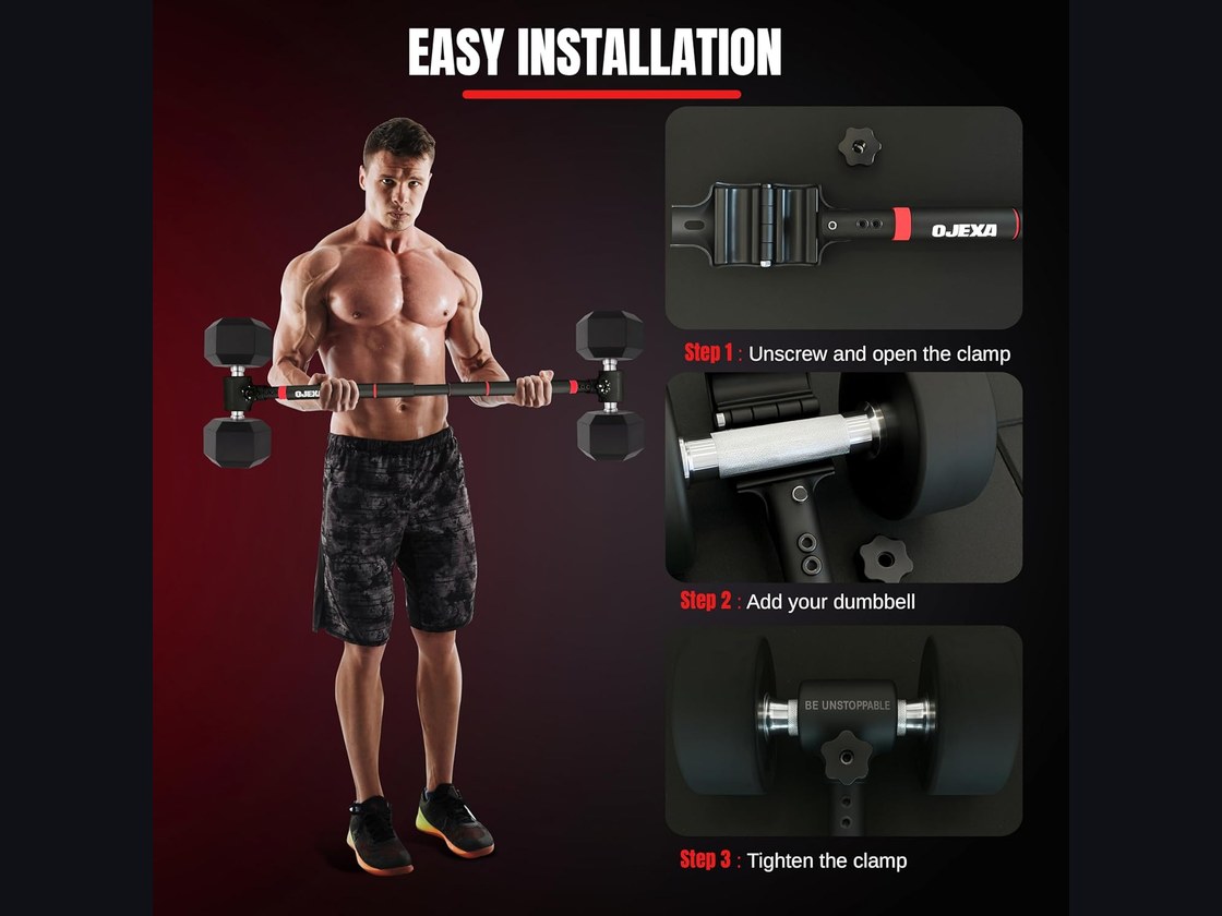 OJEXA adapter converting two dumbbells into a bar-style setup for home training